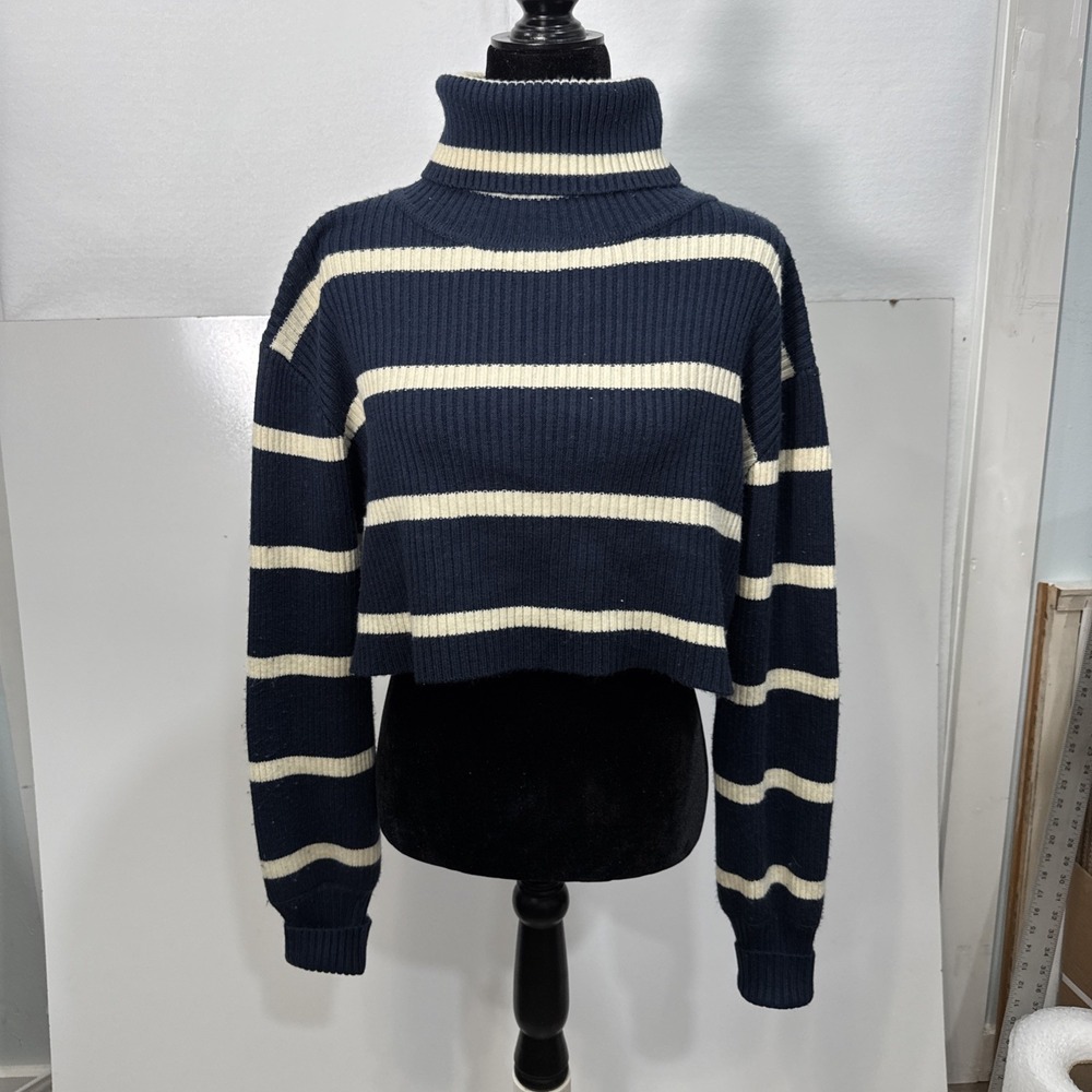 Alter'd State Sweater Cropped Turtle Neck 3/4 Sleeves Knit Pullover Blue Sz S